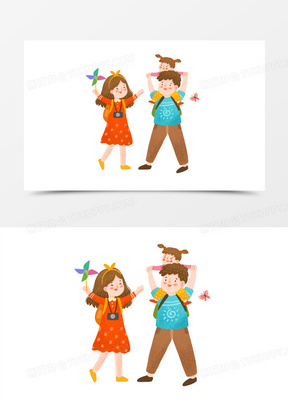 卡通手绘免抠一家人郊游素材