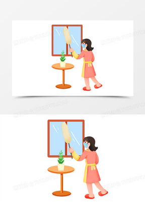 手绘卡通打扫卫生擦窗户免抠素材