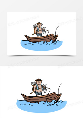 手绘卡通渔夫捕鱼元素