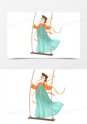 手绘古风汉服美人荡秋千免抠素材