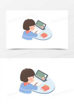 卡通学生网课平板电脑线上课程认真听讲素材