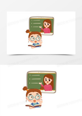 卡通女学生居家网课认真听讲素材