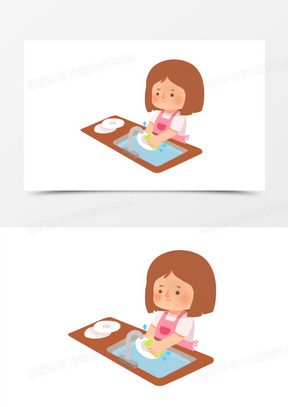 卡通小女孩刷碗洗碗做家务素材