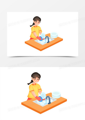 手绘卡通小孩子洗碗免抠素材