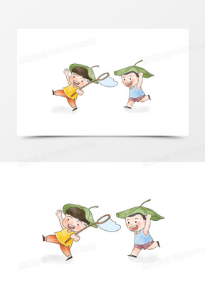 卡通小男孩童年追逐嬉戏素材之抓虫子场景素材