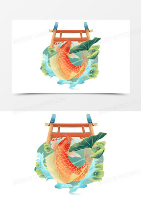 手绘鱼跃龙门免抠素材