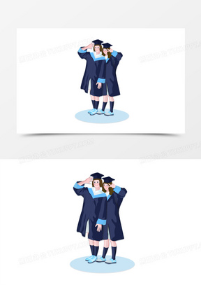卡通手绘两个女孩一起拍毕业照合影留念素材