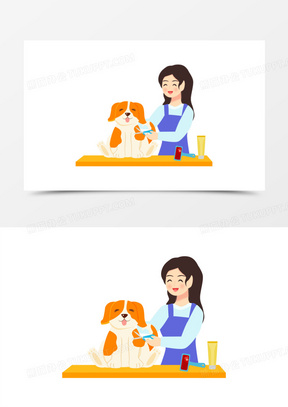 卡通矢量女孩给宠物狗狗修剪毛发素材
