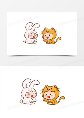 卡通手绘免抠玩具系列图之假扮小兔子和小猫咪素材