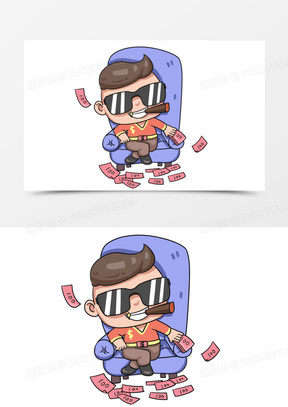 手绘卡通坐沙发有钱人土豪数钞票元素