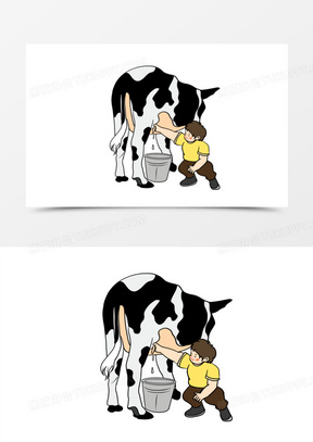 卡通小男孩挤牛奶免抠元素