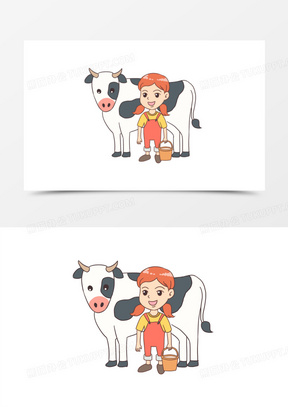 卡通女孩挤牛奶元素