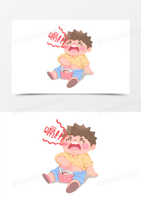 手绘卡通小男孩吃饱打嗝表情包素材