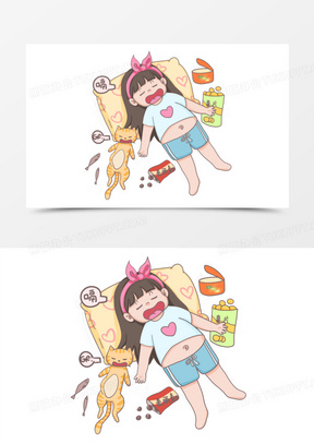 手绘可爱卡通人物吃饱喝足的小女孩元素