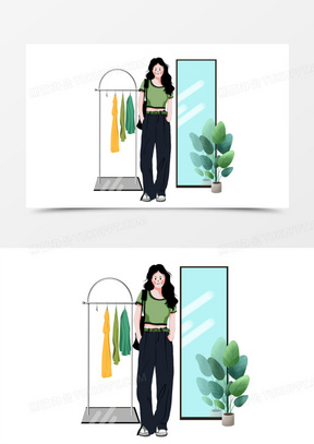 卡通时尚女孩试衣场景插画素材