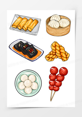 一组卡通国潮中式传统小吃插画合集素材