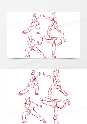 一组手绘线稿武术功夫人物套图元素