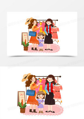 手绘卡通服装店销售推销场景插画免抠元素