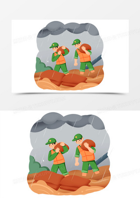 手绘卡通抗洪救灾之解放军背沙包免抠素材