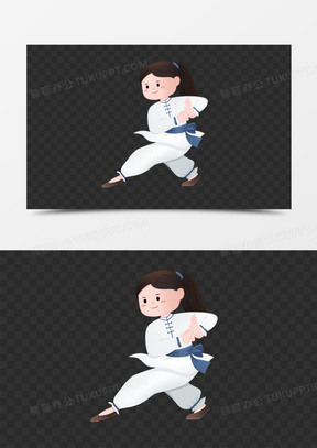 一组卡通手绘女孩练功夫拳法合集之动作一素材