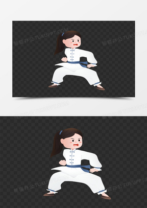 一组卡通手绘女孩练功夫拳法合集之动作四素材
