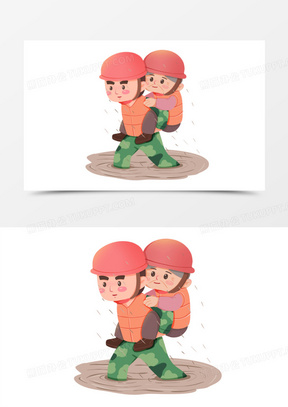 一组卡通插画风抗洪抢险救人合集之背老奶奶元素