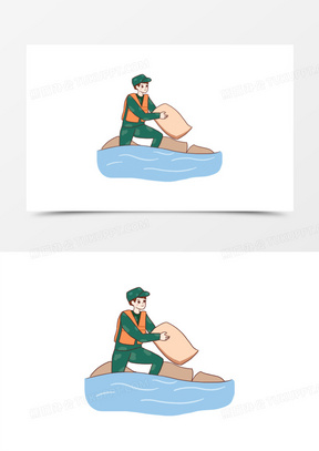 一组卡通抗洪抢险套图之堆砌沙袋免抠元素