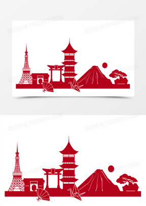 红色扁平风剪纸风日本代表剪影元素