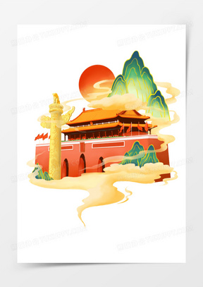 手绘插画国潮风天安门华表素材