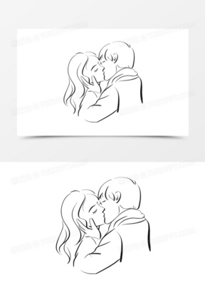 手绘线描情侣接吻元素