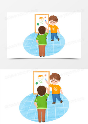 手绘卡通男孩们一起玩你猜我画游戏插画免抠元素