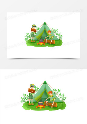 一组手绘卡通中学生军事夏令营场景之生火素材