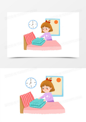 一组手绘卡通中小学劳动课程插画套图之叠被子免抠元素
