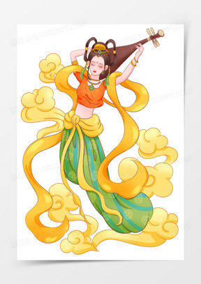 手绘国潮插画风敦煌仙女反弹琵琶元素