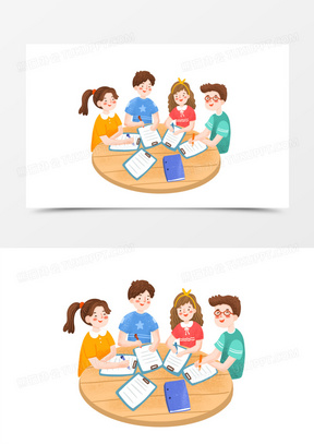 手绘卡通大学生小组讨论插画免抠元素