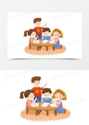 手绘卡通学生小组讨论场景插画免抠元素