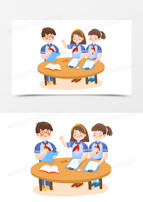 手绘卡通小学生小组讨论场景插画免抠元素