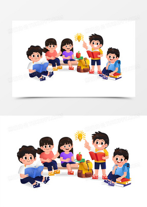 手绘卡通小学生讨论小组场景素材