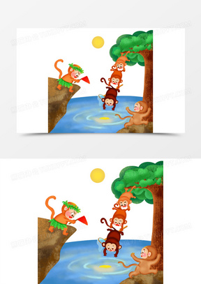 国画猴子捞月图片卡通素材