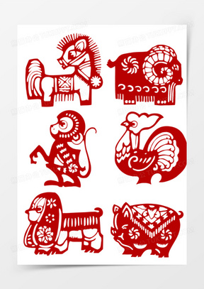 110一组手绘十二生肖剪纸风生肖动物免抠元素882卡通q版12生肖31一组