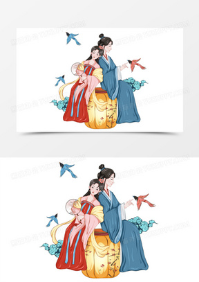 手绘国潮风牛郎织女插画素材