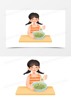 手绘卡通夏天女孩喝绿豆汤免抠素材