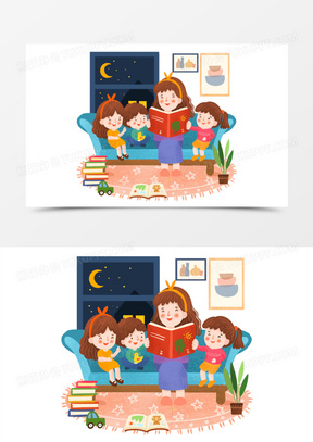 手绘卡通夜晚讲故事场景插画免抠元素