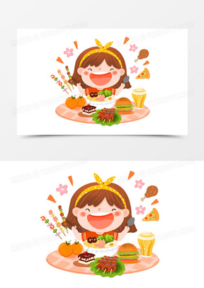 手绘卡通吃货节吃货女孩插画免抠元素