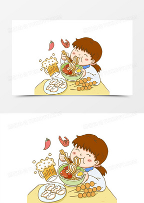 手绘卡通女孩大口索面吃东西元素