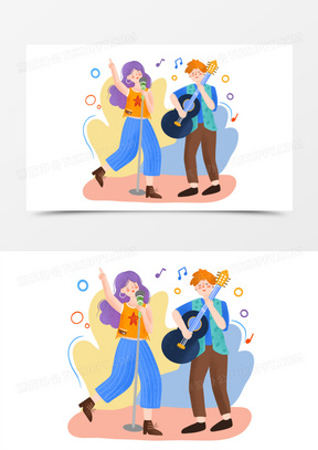 手绘卡通乐队唱歌插画免抠元素