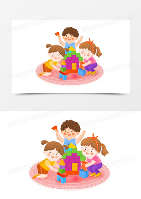 手绘卡通儿童玩乐高玩具场景插画免抠元素