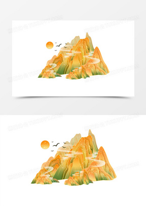 手绘国潮秋季群山金山风景免抠元素