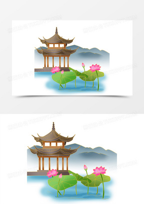 一组国潮风湖中凉亭荷花套图系列一元素