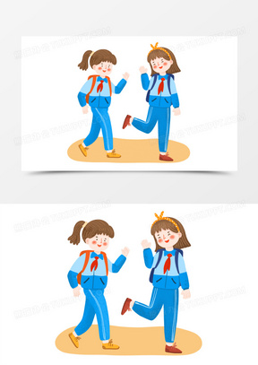 手绘卡通穿校服的学生开学打招呼免抠元素